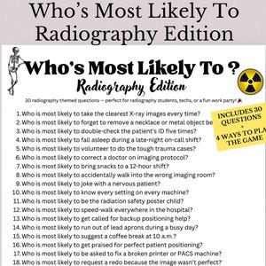 Puede incluir: Una tarjeta de juego blanca titulada "Who's Most Likely To? Radiography Edition" con un gráfico de esqueleto. La tarjeta incluye 30 preguntas temáticas de radiografía y una nota adhesiva amarilla que dice "Incluye 30 preguntas + 4 formas de jugar".