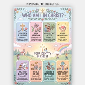 May include: A colourful printable PDF poster featuring the text "WHO AM I IN CHRIST?" and illustrated concepts including "REDEEMED & FORGIVEN" and "AMBASSADOR FOR CHRIST". The poster has a whimsical design with pastel colours and floral decorations.