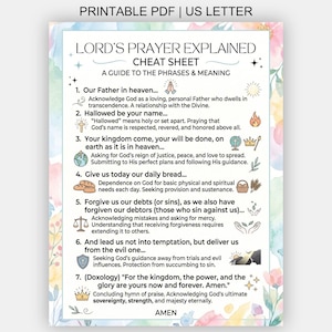 Könnte beinhalten: Ein druckbares US-Letter-PDF mit dem Titel Lord's Prayer Explained Cheat Sheet, das einen Leitfaden zu Phrasen und Bedeutungen enthält. Das Dokument umfasst sieben nummerierte Abschnitte mit Text und kleinen Symbolen, umrahmt von einem zarten Blumenrand.