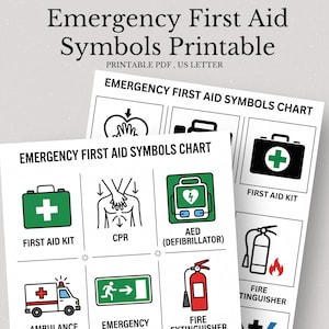 Puede incluir: Dos gráficos imprimibles titulados "Símbolos de primeros auxilios de emergencia" con varios símbolos de primeros auxilios. Los gráficos incluyen símbolos para un botiquín de primeros auxilios, RCP, DEA, ambulancia y extintor.