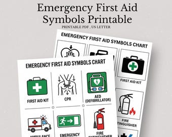 May include: Two printable charts titled "Emergency First Aid Symbols" with various first aid symbols. The charts include symbols for a first aid kit, CPR, AED, ambulance, and fire extinguisher. The text "PRINTABLE PDF, US LETTER" is also visible.