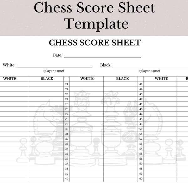 Printable Chess Score Sheet Template, Printable Chess Score Card, Chess Score Sheet, Chess Scoring Guide, Chess Board Game, Chess