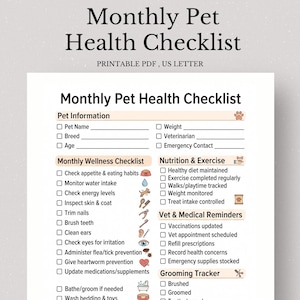 Puede incluir: Un documento imprimible de tamaño A4 titulado "Lista de verificación mensual de salud para mascotas". La lista de verificación incluye secciones para información de mascotas, bienestar mensual, nutrición y ejercicio, recordatorios veterinarios y seguimiento del aseo.