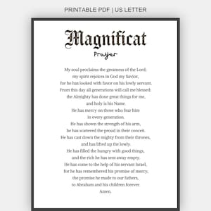 May include: A printable PDF document on US Letter paper featuring the Magnificat prayer in black text on a white background. The title Magnificat is in a decorative gothic font, followed by the full prayer text in a standard serif typeface.