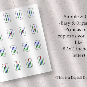 May include: Printable digital download of 16 dominoes with a simple and clean design. Each domino is 8.5 inches by 11 inches and features a red, green, and blue color scheme.