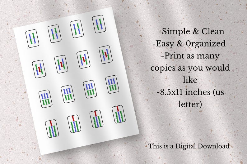 May include: Printable digital download of 16 dominoes with a simple and clean design. Each domino is 8.5 inches by 11 inches and features a red, green, and blue color scheme.