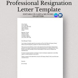 Professional Resignation Letter Template Editable in Canva & Word Formal Resignation Letter Notice Letter Resign Letter