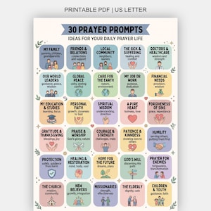 Könnte beinhalten: Ein druckbares PDF-Dokument im US-Letter-Format mit dem Titel 30 PRAYER PROMPTS IDEAS FOR YOUR DAILY PRAYER LIFE. Die Seite zeigt ein Raster aus dreißig farbigen, abgerundeten Quadraten, die jeweils ein Gebetsthema, Text und ein Symbol enthalten.