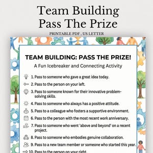 Puede incluir: Un documento PDF imprimible titulado Team Building Pass The Prize, que contiene una lista de diez instrucciones para una actividad grupal. El borde está decorado con ilustraciones en acuarela de personas, árboles y engranajes sobre un fondo blanco.