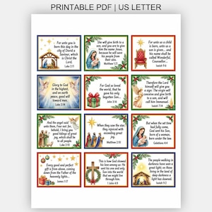 May include: A printable PDF sheet on US Letter paper featuring twelve rectangular cards with Christmas-themed religious illustrations and Bible verses. Each card displays colourful imagery like a nativity scene, angels, and gifts with text.