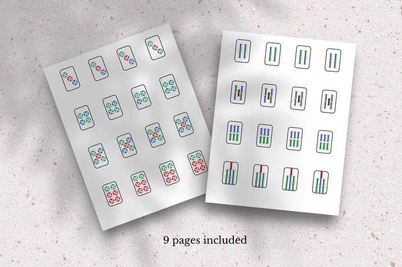 May include: Two pages of printable stickers featuring colorful geometric designs. The stickers are arranged in a grid pattern on each page. The stickers are perfect for adding a touch of color and style to your planner, journal, or laptop.