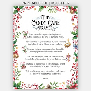 May include: A printable PDF document titled The Candy Cane Prayer, featuring a poem about the religious symbolism of candy canes. The text is framed by a decorative border of holly, red berries, candy canes, gold bells, and a manger scene.