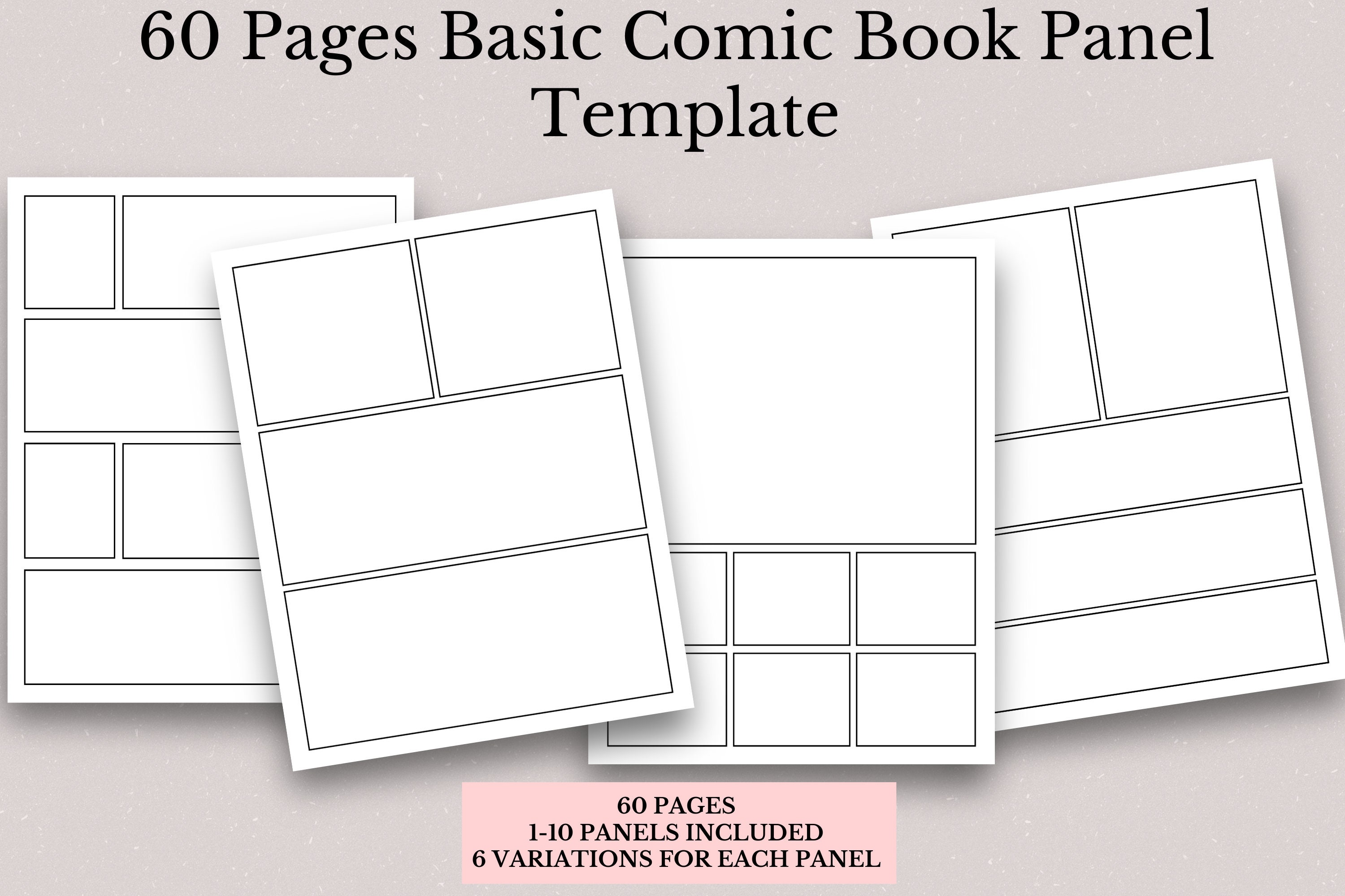 Printable Basic Comic Book Panels 60 Pages, 1 to 10 Panels, Blank Comic