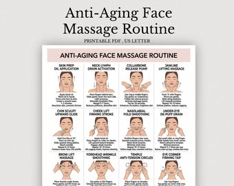 Anti Aging Face Massage Routine PDF, Facial Lymphatic Drainage Massage Guide, Skincare Self Care Routine Chart, Glow Up Face Yoga Sheet