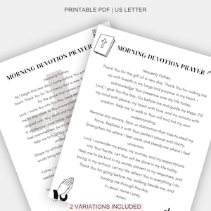 Könnte beinhalten: Zwei weiße, druckbare PDF-Seiten im US-Letter-Format mit schwarzem Text unter dem Titel Morning Devotion Prayer. Die Seiten enthalten Illustrationen einer Bibel, einer Taube mit Olivenzweig und betenden Händen. Der Text ist ein religiöses Gebet.