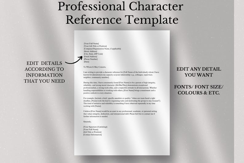 Professional Character Reference Letter Template Editable Canva & Word ...