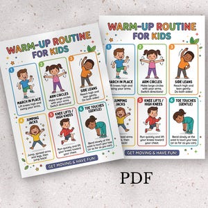 May include: Two colorful posters titled "Warm-Up Routine for Kids" with illustrations of children performing exercises like arm circles and jumping jacks. The text includes instructions for each exercise.