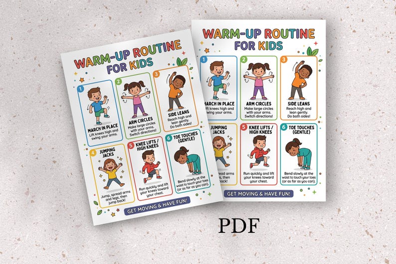 May include: Two colorful posters titled "Warm-Up Routine for Kids" with illustrations of children performing exercises like arm circles and jumping jacks. The text includes instructions for each exercise.