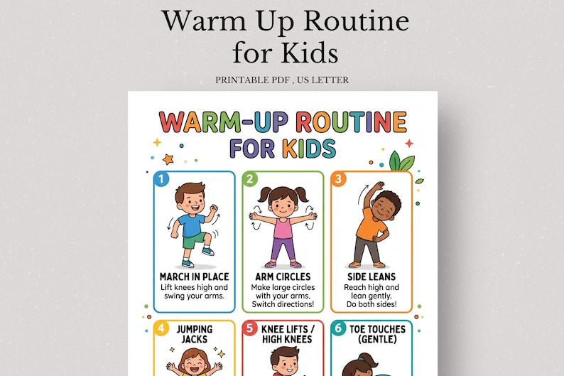 warm up routine for kids printable pdf, kids exercise chart printable, PE class stretching routine poster, classroom movement break printable, homeschool PE exercise sheet, kids fitness warm up guide, school PE warm up poster pdf, children exercise routine printable, daycare movement activity chart, kids physical education printable poster