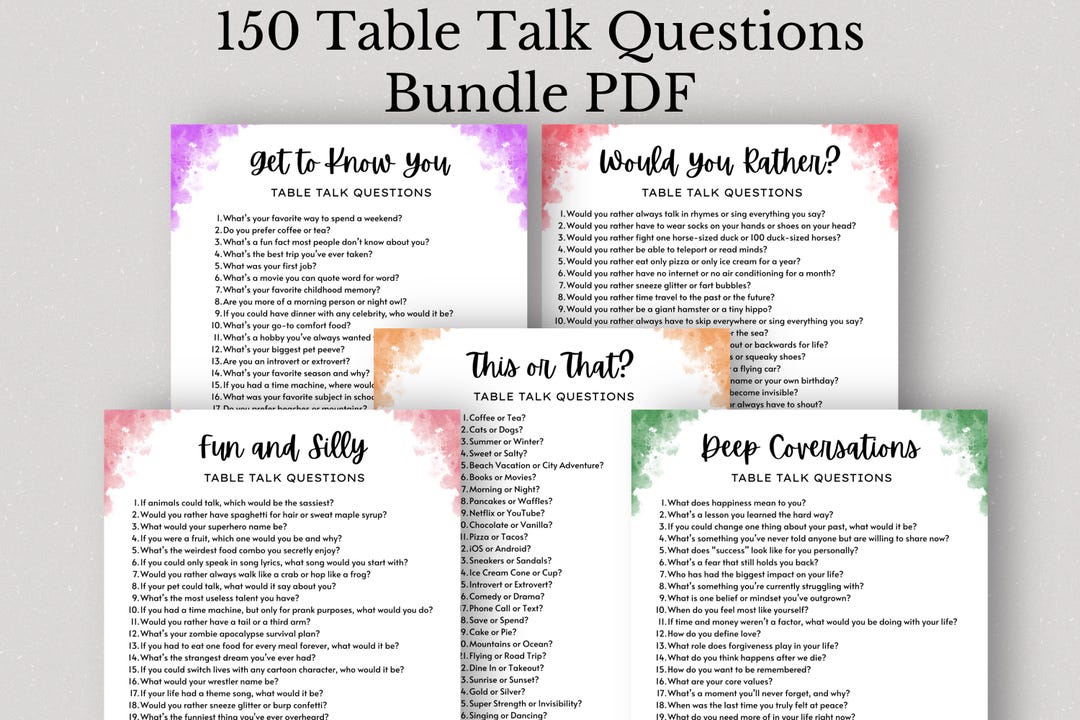150 Table Talk Questions Bundle PDF 5 Printable Sets Get to Know You ...