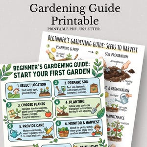 May include: Two printable gardening guides with colorful illustrations and text. The top guide is titled "Gardening Guide Printable." The bottom guide is titled "Beginner's Gardening Guide: Start Your First Garden."
