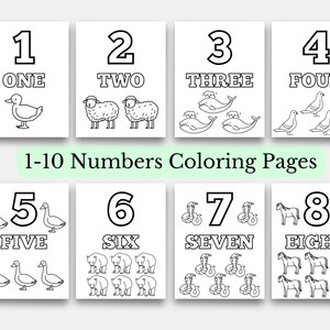 May include: Black and white coloring pages featuring numbers one through eight, with corresponding words and illustrations of animals. The text "1-10 Numbers Coloring Pages" is also present.