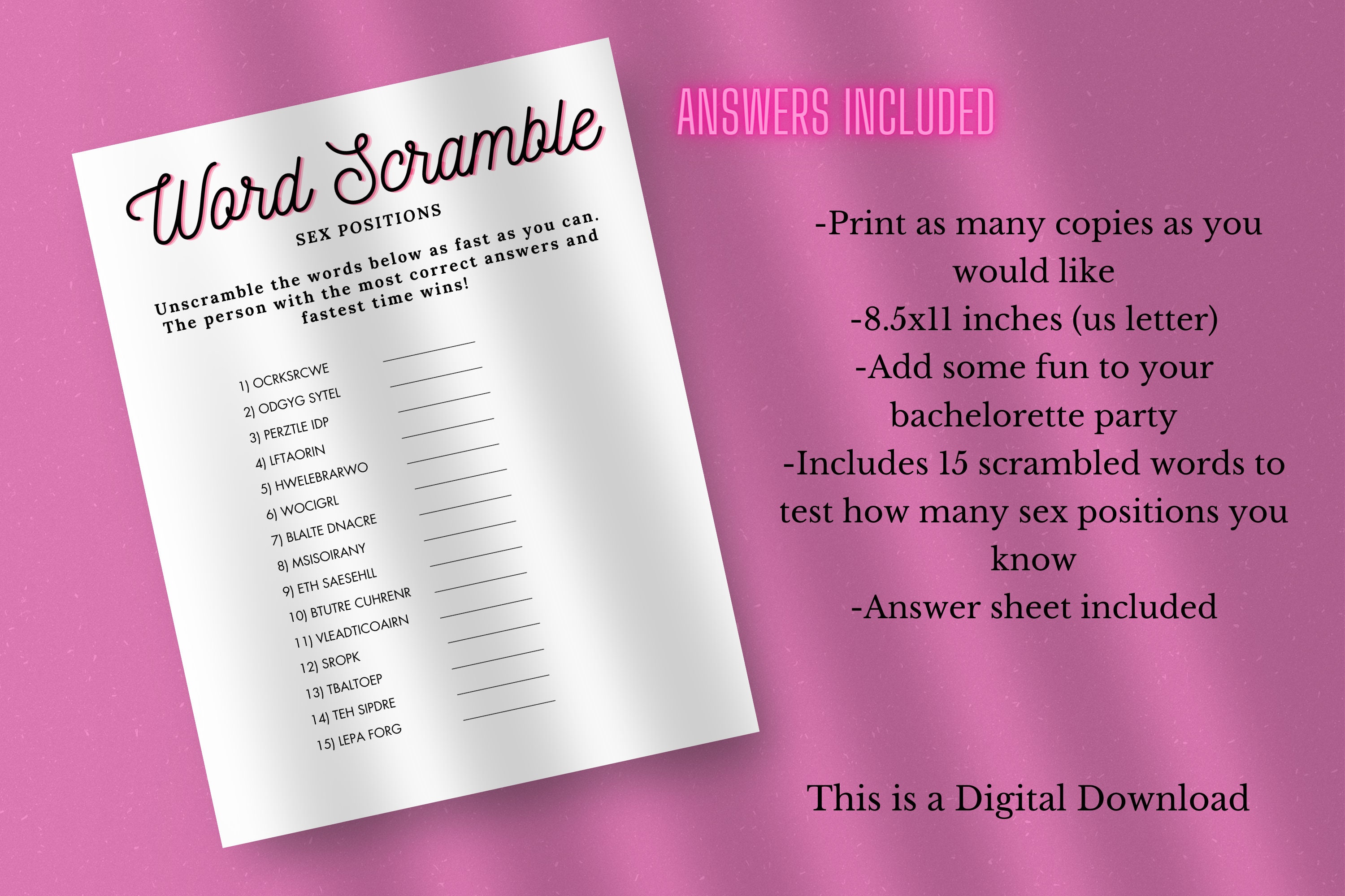 Dirty Rotten Scramble Dirty Word Scramble Bachelorette Party Game Dirty Sex Positions Game ...