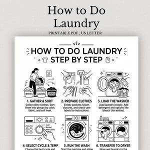 Può includere: Un poster informativo in bianco e nero intitolato How to Do Laundry Step by Step. Il documento è un PDF stampabile con sei illustrazioni numerate che descrivono il processo di raccolta, smistamento, preparazione, lavaggio e asciugatura.