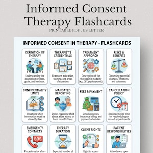 May include: A printable PDF flashcard set titled "Informed Consent Therapy Flashcards" in US Letter size. The flashcards cover topics like therapy definition, therapist credentials, treatment approach, risks, benefits, and more. The cards have illustrations and text.