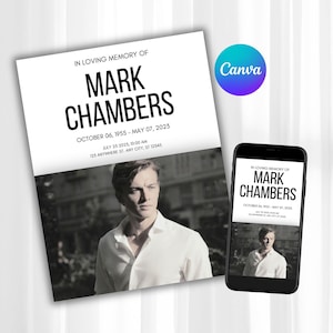 May include: A memorial announcement card and a smartphone displaying the same design. The card features the text IN LOVING MEMORY OF MARK CHAMBERS, OCTOBER 06, 1955 - MAY 07, 2023, JULY 25 2025, 10:00 AM, 123 ANYWHERE ST. ANY CITY, ST 12345, and a photo.
