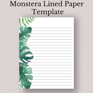 Printable Monstera Leaves Lined Paper, Lined Paper, Wide Ruled Paper, College Ruled Paper, Digital Lined Paper, Monstera Printable Paper