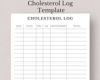 May include: A white Cholesterol Log Template with the title "Cholesterol Log Template" at the top. The template includes columns for Date, Total, HDL, LDL, Triglycerides, and Notes. The template is designed for tracking cholesterol levels.