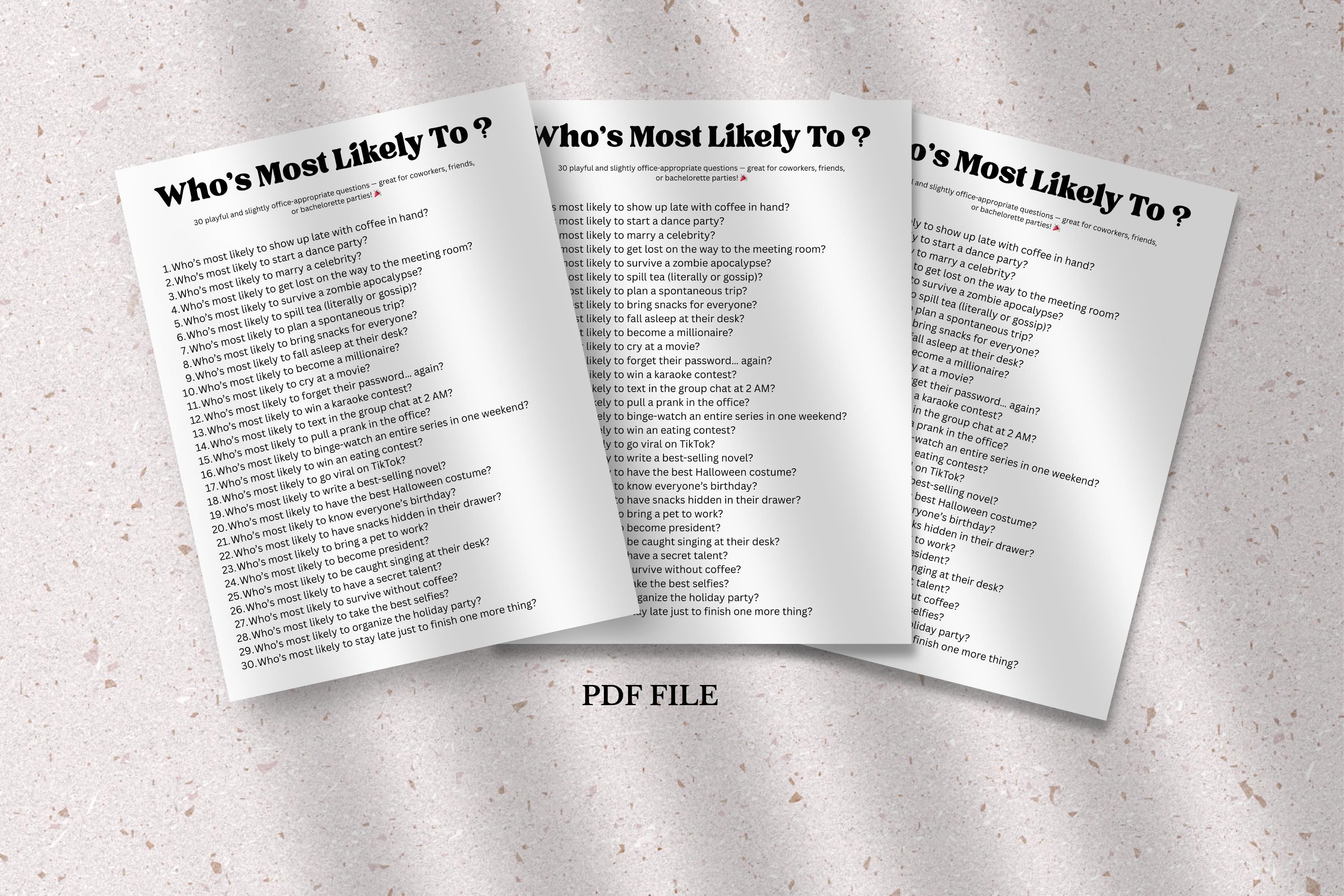 Who's Most Likely to Game, Bachelorette Office Party Icebreaker (PDF