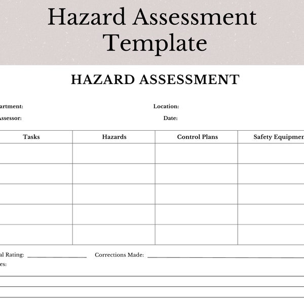 Printable Hazard Assessment Template, Hazard Assessment Form, Hazard Assessment Sheet, Workplace Hazard Assessment Guide