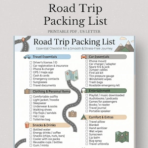 May include: A printable road trip packing list in US Letter size. The list is divided into categories like Travel Essentials, Car Essentials, Clothing & Personal Items, Snacks & Drinks, Entertainment, and Comfort & Extras. The title is "Road Trip Packing List".