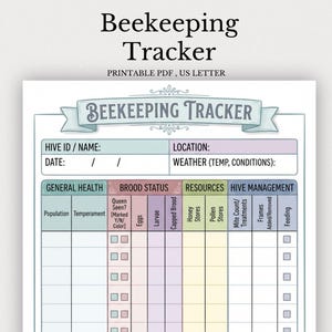 May include: A Beekeeping Tracker printable PDF document on US Letter paper. The form features a header with the title Beekeeping Tracker and sections for Hive ID, Name, Location, Date, and Weather. It includes columns for General Health, Brood Status, Resources, and Hive Management with checkboxes and blank rows.