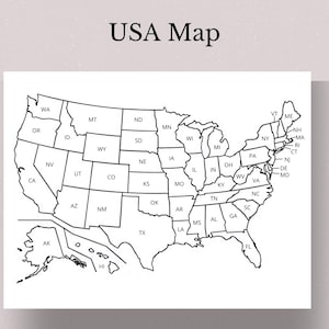 Carte des Etats-Unis imprimable, carte des Etats-Unis, imprimable carte des Etats-Unis, carte des Etats-Unis art mural, carte des Etats-Unis avec les États, carte des Etats-Unis en noir et blanc, carte éducative pour les enfants
