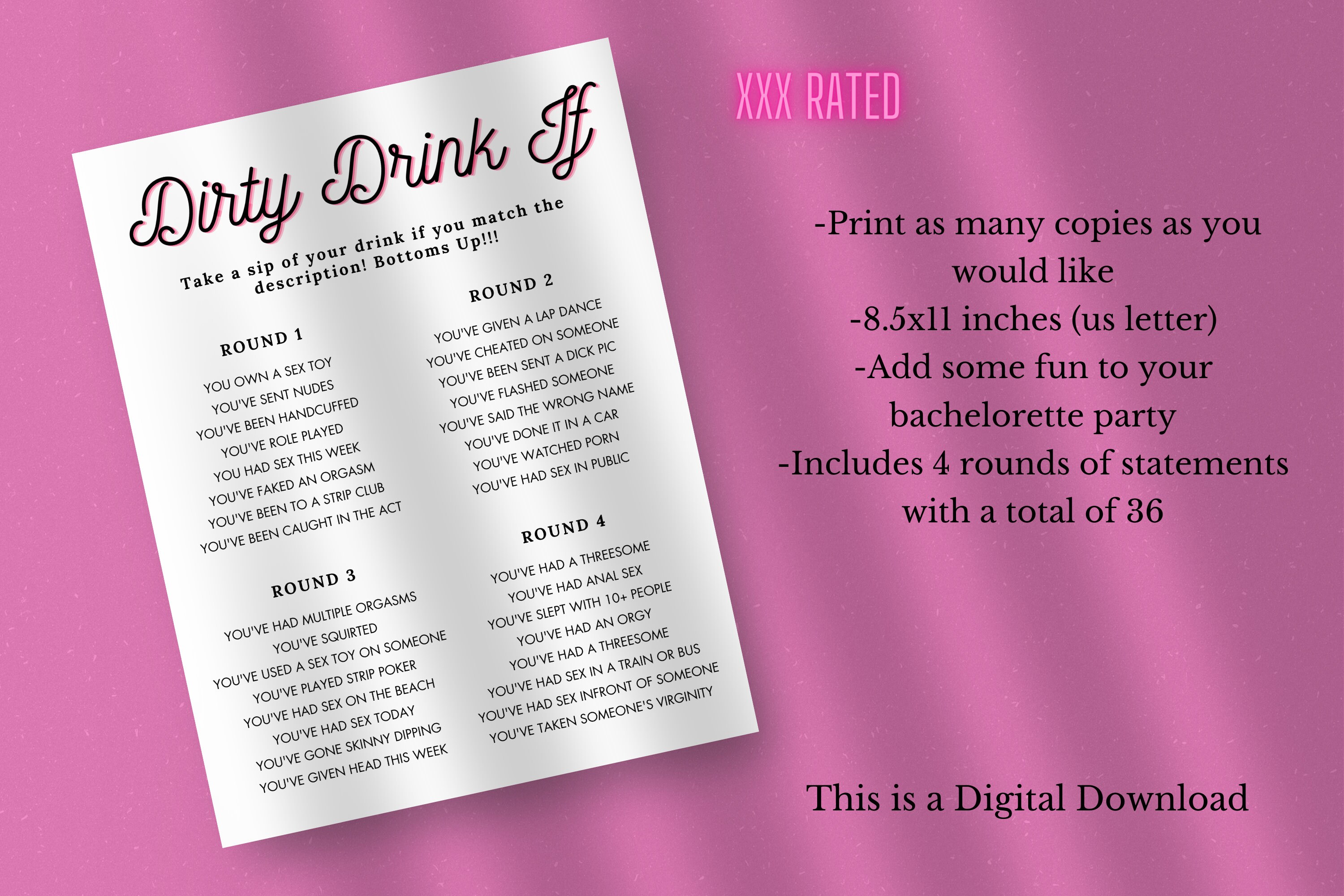 Dirty Drink If Bachelorette Party Game, Dirty Drinking Game, Dirty