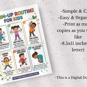 May include: A colorful "Warm-Up Routine for Kids" poster with illustrations of exercises like jumping jacks and arm circles. The poster includes text and is 8.5x11 inches.