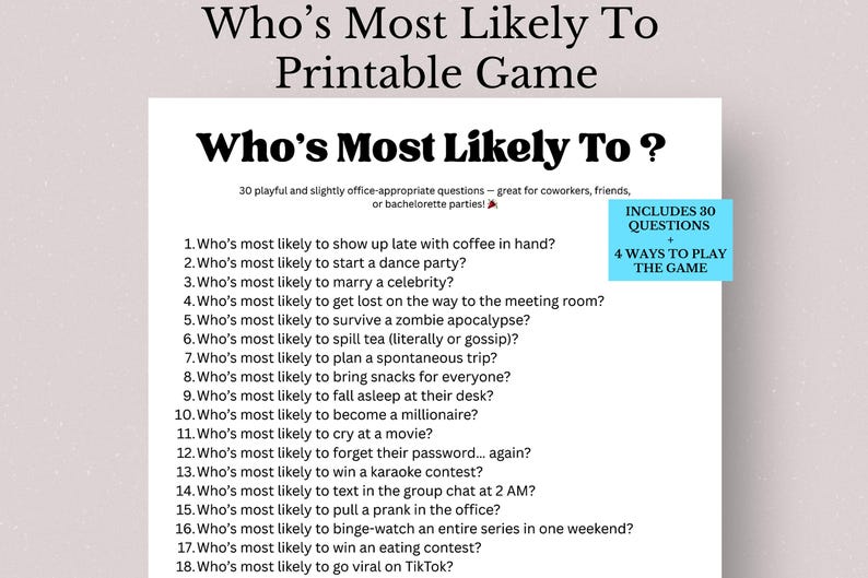 Who's Most Likely to Game, Bachelorette Office Party Icebreaker (PDF