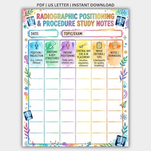May include: A digital study guide titled Radiographic Positioning & Procedure Study Notes with a colorful watercolor border. The chart includes columns for Position, Anatomy, Patient Positioning, Central Ray, Image Criteria, and Notes.