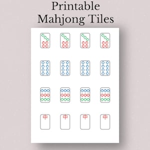 May include: Printable Mahjong tiles with different symbols and colors, including green, red, and blue. The tiles are arranged in rows of four.