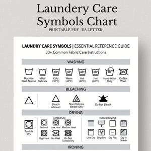 May include: A printable Laundry Care Symbols Chart in US Letter format. The chart displays common fabric care instructions, including washing, bleaching, drying, and ironing symbols. It includes symbols for machine wash, tumble dry, and more.