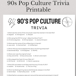 90s Pop Culture Trivia Game Printable Back to the 90s Party Games Millennial Birthday Games Fun Multiple Choice Quiz for Adults & Teens