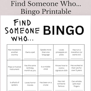 Printable Find Someone Who Bingo Game, 1 Page Bingo, Get to Know You Bingo Game, Ice Breaker Game, People Bingo, Office Party Game