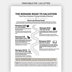 Puede incluir: Un PDF imprimible en formato US letter titulado The Romans Road to Salvation, que presenta un gráfico central de camino sinuoso y texto negro que detalla versículos bíblicos como Romanos 3:23, 6:23, 5:8 y 10:9, junto a iconos como un corazón y una cruz.