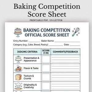 Op de afbeelding: Een printbaar US Letter scoreformulier voor bakwedstrijden met een tabel voor beoordelingscriteria, scores van 1 tot 10 en opmerkingen. Het document bevat illustraties van een taart, een garde, een stuk taart, brood en een koksmuts.
