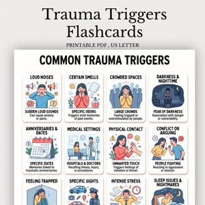 May include: A set of Trauma Triggers Flashcards in a printable PDF US Letter format. The document features twelve illustrated cards with headings like Loud Noises, Certain Smells, Crowded Spaces, Darkness, Anniversaries, and Medical Settings.