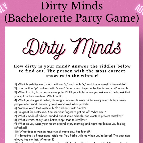 Dirty Minds Bachelorette Party Game, Dirty Minds Riddles Game, Dirty Minds Hen Party Game, Bachelorette Dirty Quiz, Dirty Riddle Game, Dirty