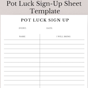 Pot Luck Sign Up Sheet, Pot luck Sheet, Sign-Up Template, Food Potluck Template, Pot Luck Sheet, Event Sign Up Sheet, Sign Up List